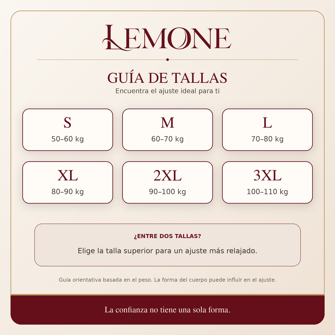 Guía de tallas Lemone desde S hasta 3XL según el peso